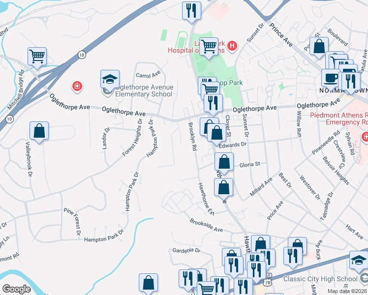map of restaurants, bars, coffee shops, grocery stores, and more near 106 Brooklyn Road in Athens