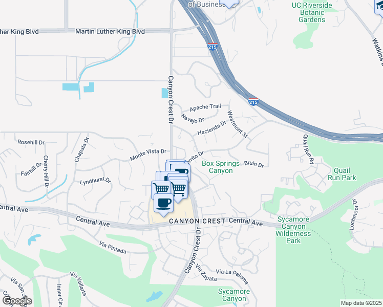 map of restaurants, bars, coffee shops, grocery stores, and more near 5165 Pearblossom Drive in Riverside