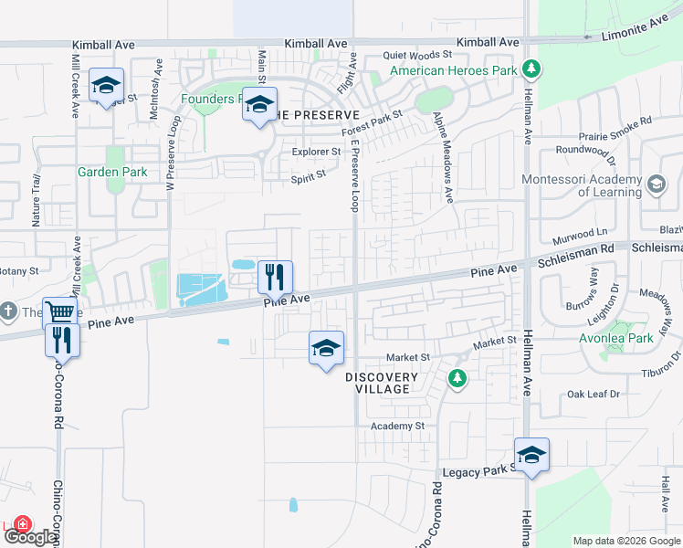 map of restaurants, bars, coffee shops, grocery stores, and more near 8473 Snapdragon Lane in Chino