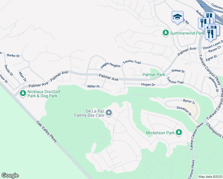 map of restaurants, bars, coffee shops, grocery stores, and more near 34946 Miller Place in Beaumont