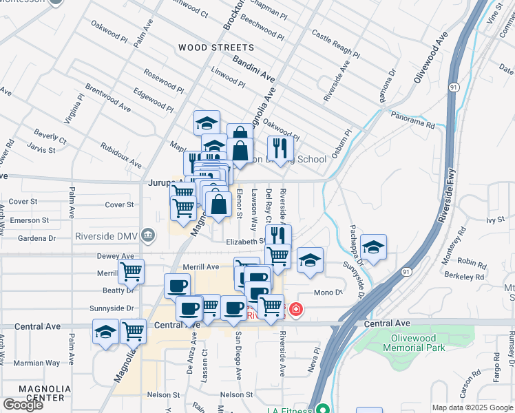 map of restaurants, bars, coffee shops, grocery stores, and more near 6068 Lawson Way in Riverside