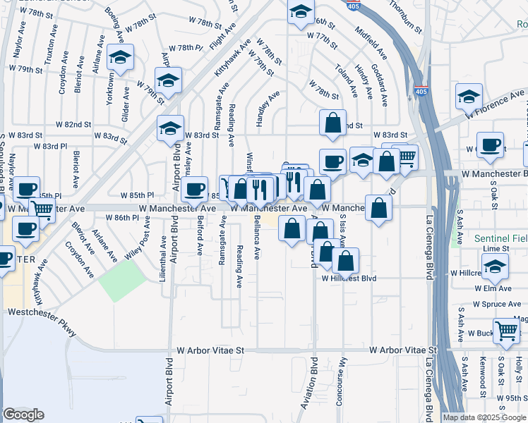 map of restaurants, bars, coffee shops, grocery stores, and more near 5650 West Manchester Avenue in Los Angeles