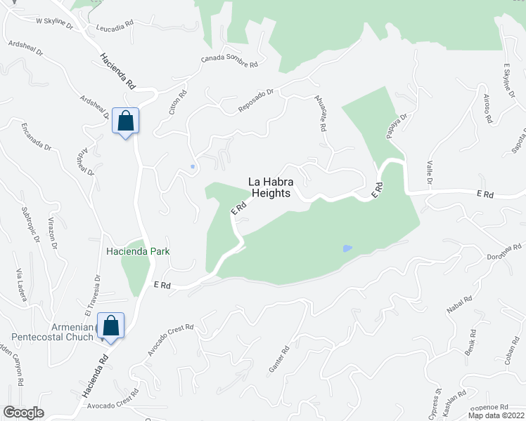 map of restaurants, bars, coffee shops, grocery stores, and more near 452 East Road in La Habra Heights