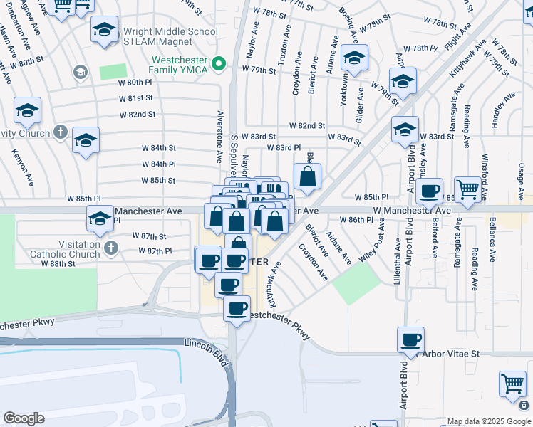 map of restaurants, bars, coffee shops, grocery stores, and more near 6214 West Manchester Avenue in Los Angeles