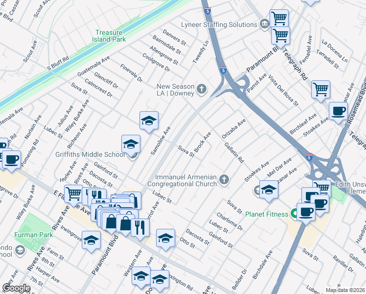 map of restaurants, bars, coffee shops, grocery stores, and more near 9357 Parrot Avenue in Downey