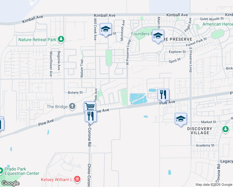 map of restaurants, bars, coffee shops, grocery stores, and more near 16193 Orion Avenue in Chino