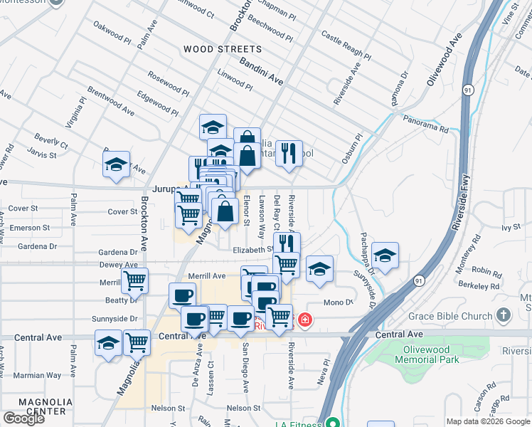 map of restaurants, bars, coffee shops, grocery stores, and more near 6068 Lawson Way in Riverside