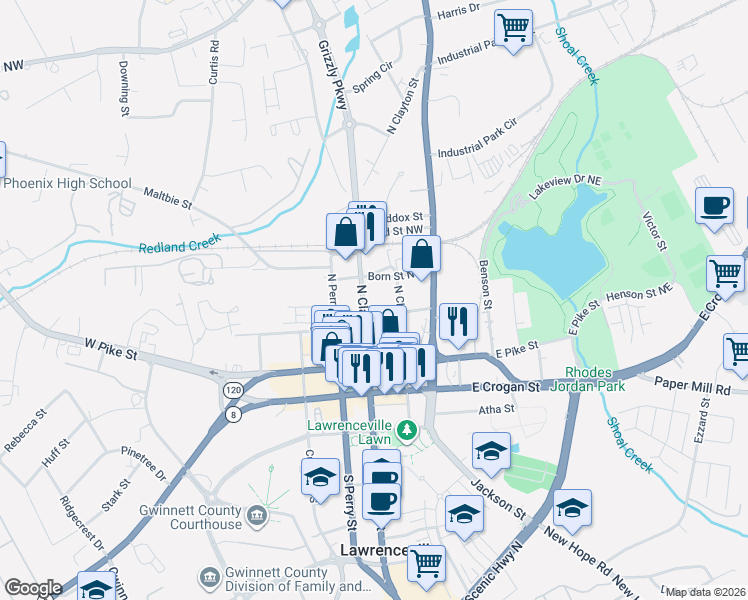 map of restaurants, bars, coffee shops, grocery stores, and more near 394 North Clayton Street in Lawrenceville