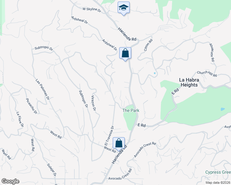 map of restaurants, bars, coffee shops, grocery stores, and more near 335 Encanada Drive in La Habra Heights