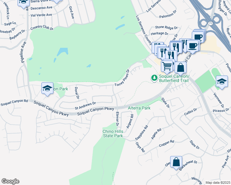 map of restaurants, bars, coffee shops, grocery stores, and more near 4650 Willow Bend Court in Chino Hills