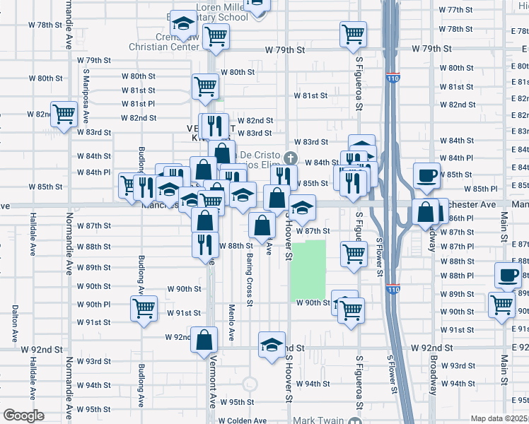 map of restaurants, bars, coffee shops, grocery stores, and more near 860 West Manchester Avenue in Los Angeles
