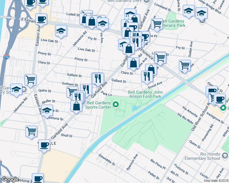 map of restaurants, bars, coffee shops, grocery stores, and more near 6310 Gotham Street in Bell Gardens
