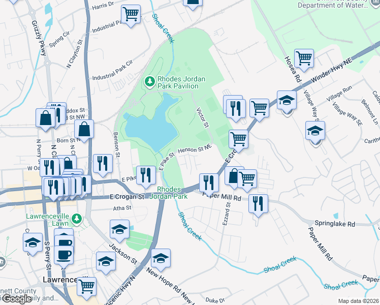 map of restaurants, bars, coffee shops, grocery stores, and more near Henson Street Northeast in Lawrenceville