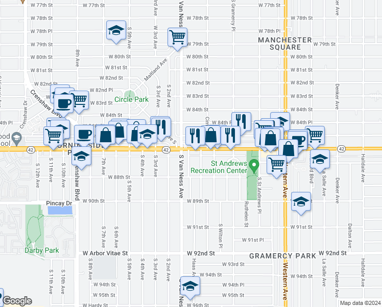 map of restaurants, bars, coffee shops, grocery stores, and more near 2139 West Manchester Avenue in Los Angeles