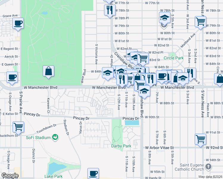 map of restaurants, bars, coffee shops, grocery stores, and more near 3500 West Manchester Boulevard in Inglewood