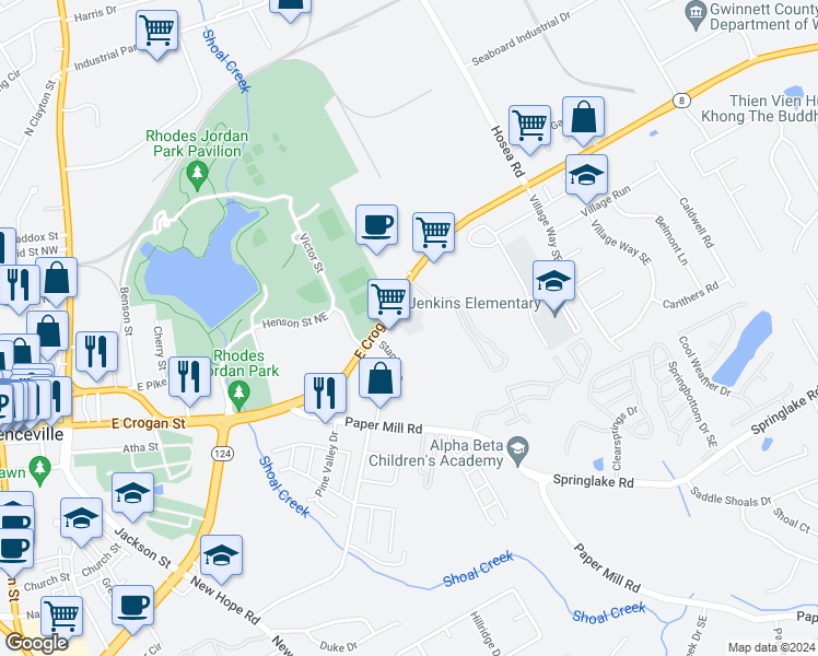 map of restaurants, bars, coffee shops, grocery stores, and more near 261 East Crogan Street in Lawrenceville