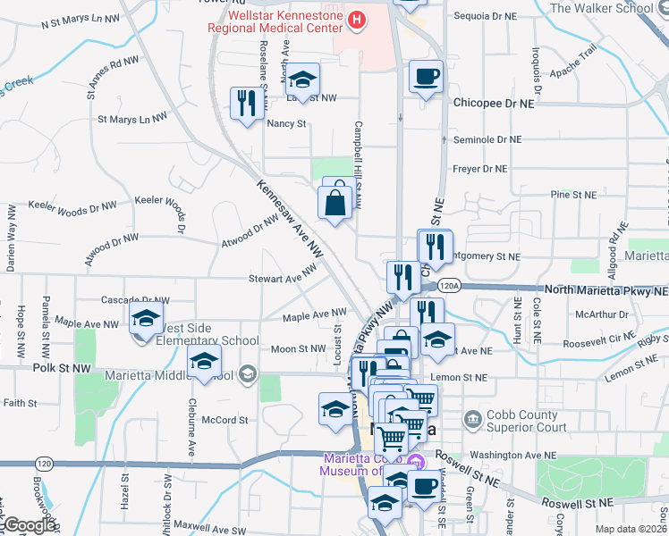 map of restaurants, bars, coffee shops, grocery stores, and more near 334 Kennesaw Avenue Northwest in Marietta