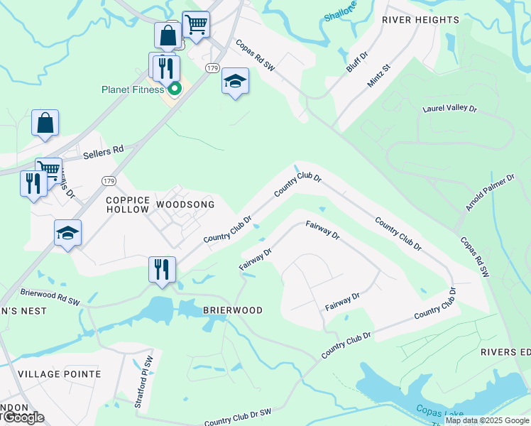 map of restaurants, bars, coffee shops, grocery stores, and more near 13 Country Club Drive in Shallotte
