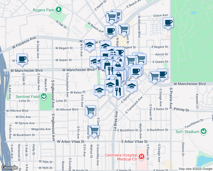map of restaurants, bars, coffee shops, grocery stores, and more near 320 South La Brea Avenue in Inglewood