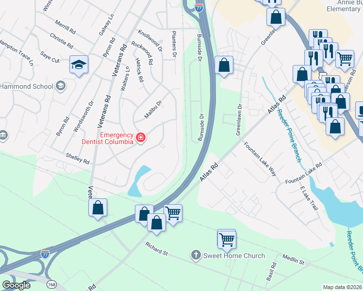 map of restaurants, bars, coffee shops, grocery stores, and more near 1101 Rockwood Road in Columbia