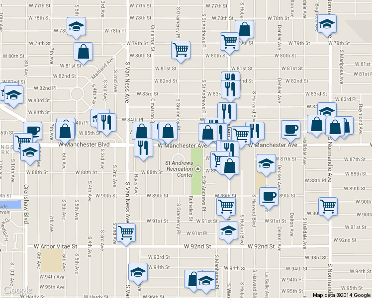 map of restaurants, bars, coffee shops, grocery stores, and more near 1944 West Manchester Avenue in Los Angeles