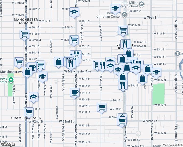 map of restaurants, bars, coffee shops, grocery stores, and more near 1246 West Manchester Avenue in Los Angeles