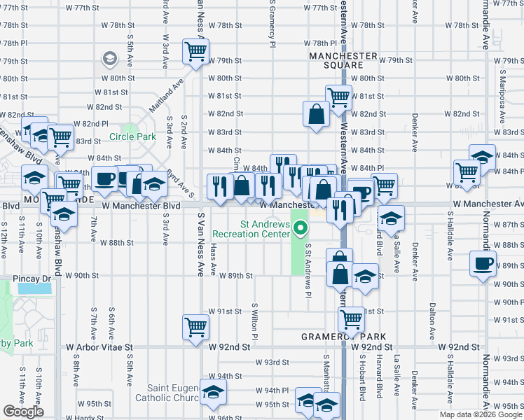 map of restaurants, bars, coffee shops, grocery stores, and more near 2015 West Manchester Avenue in Inglewood