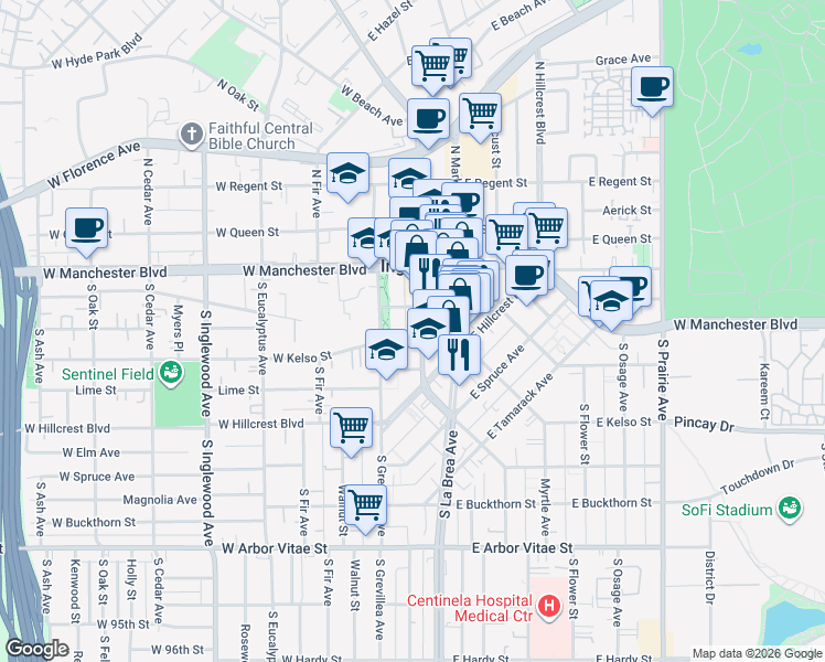 map of restaurants, bars, coffee shops, grocery stores, and more near 320 South La Brea Avenue in Inglewood