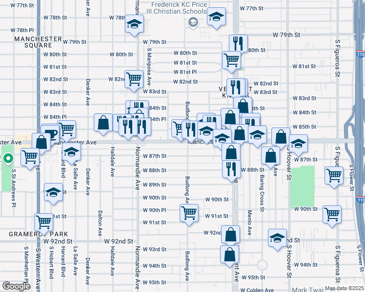 map of restaurants, bars, coffee shops, grocery stores, and more near 1210 West Manchester Avenue in Los Angeles
