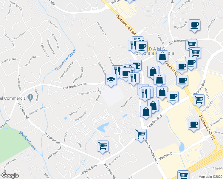 map of restaurants, bars, coffee shops, grocery stores, and more near 3878 Old Norcross Road in Duluth
