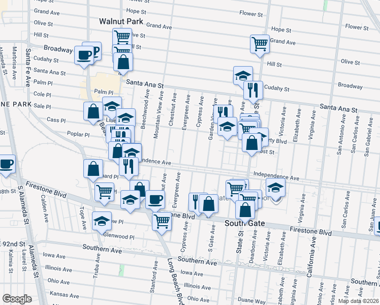 map of restaurants, bars, coffee shops, grocery stores, and more near 8453 Cypress Avenue in South Gate