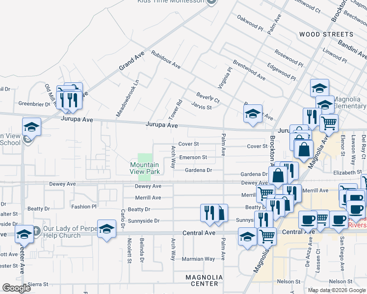 map of restaurants, bars, coffee shops, grocery stores, and more near 4681 Cover Street in Riverside