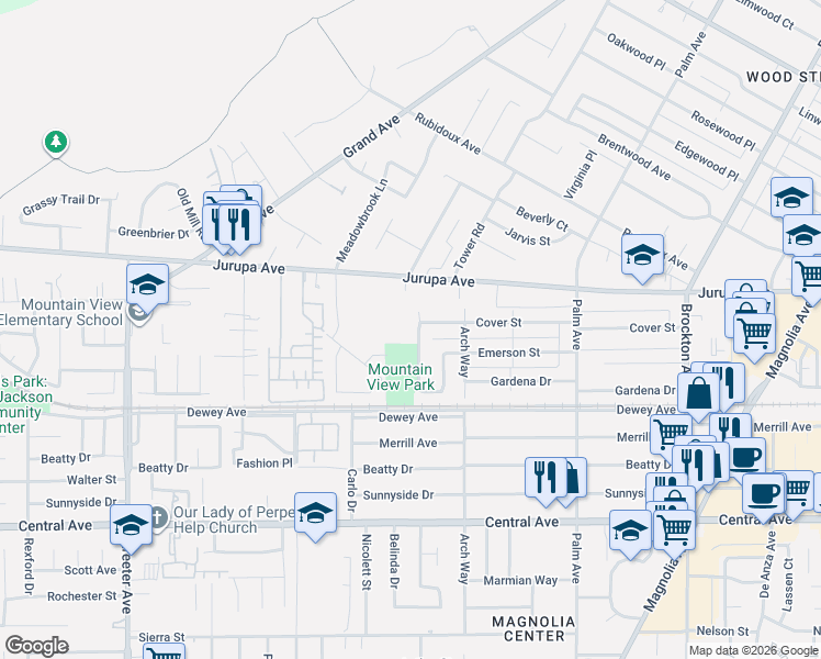 map of restaurants, bars, coffee shops, grocery stores, and more near 6093 Wiehe Avenue in Riverside
