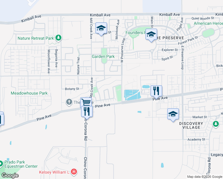 map of restaurants, bars, coffee shops, grocery stores, and more near 16193 Orion Avenue in Chino