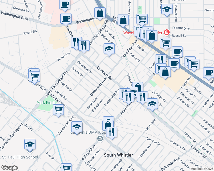 map of restaurants, bars, coffee shops, grocery stores, and more near 8738 Greenleaf Avenue in Whittier