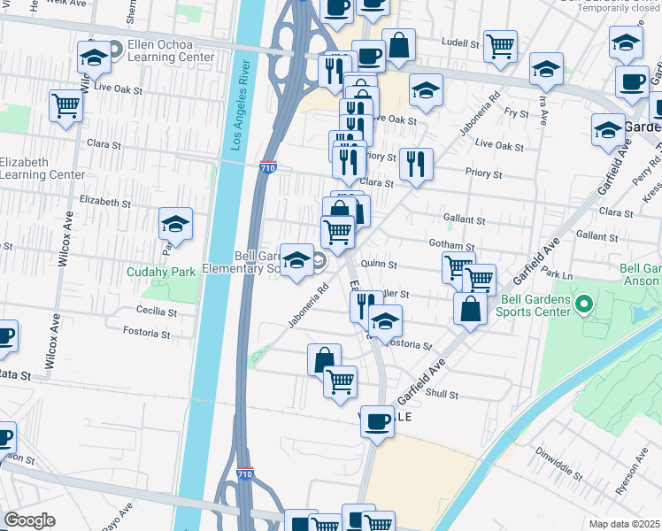 map of restaurants, bars, coffee shops, grocery stores, and more near 5633 Quinn Street in Bell Gardens
