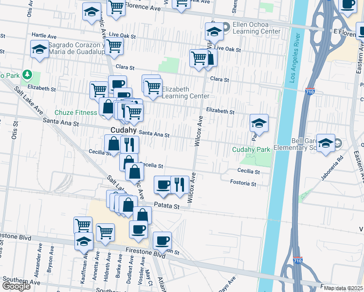 map of restaurants, bars, coffee shops, grocery stores, and more near 4930 Santa Ana Street in Cudahy