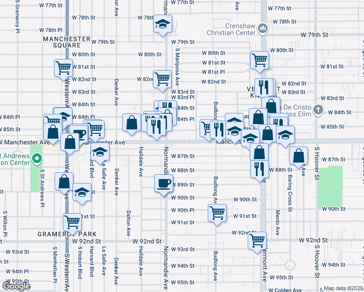 map of restaurants, bars, coffee shops, grocery stores, and more near 1327 West Manchester Avenue in Los Angeles