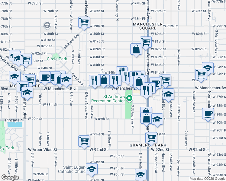 map of restaurants, bars, coffee shops, grocery stores, and more near 2015 West Manchester Avenue in Inglewood