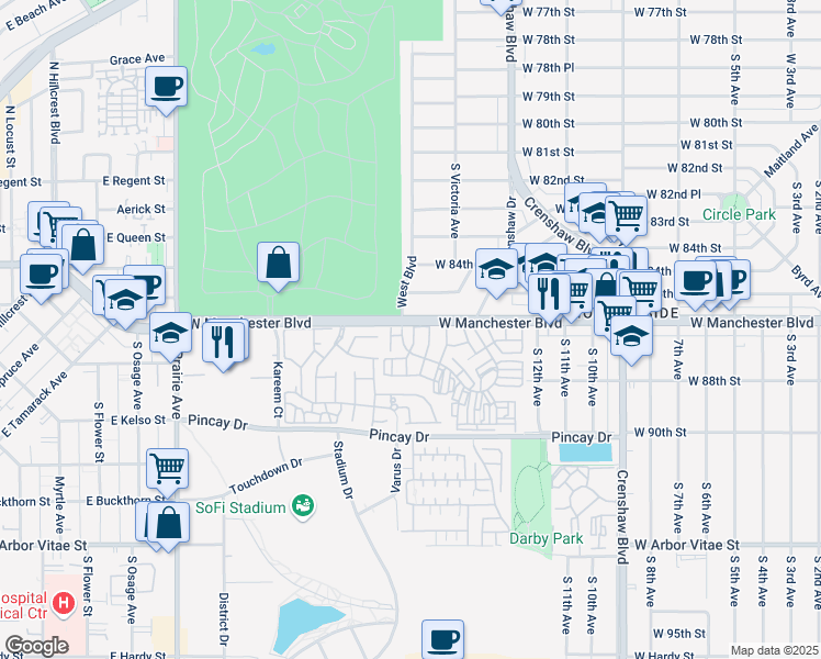 map of restaurants, bars, coffee shops, grocery stores, and more near 3569 West Manchester Boulevard in Inglewood
