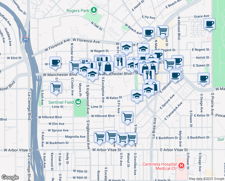 map of restaurants, bars, coffee shops, grocery stores, and more near 231 South Grevillea Avenue in Inglewood