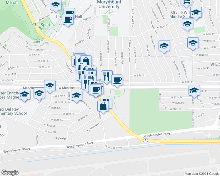 map of restaurants, bars, coffee shops, grocery stores, and more near 7071 1/2 West Manchester Avenue in Los Angeles