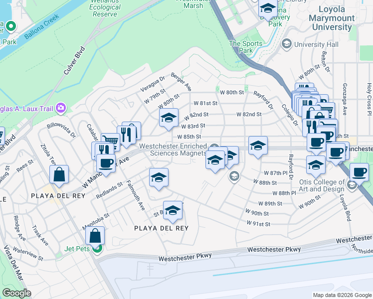 map of restaurants, bars, coffee shops, grocery stores, and more near 7605 West Manchester Avenue in Los Angeles