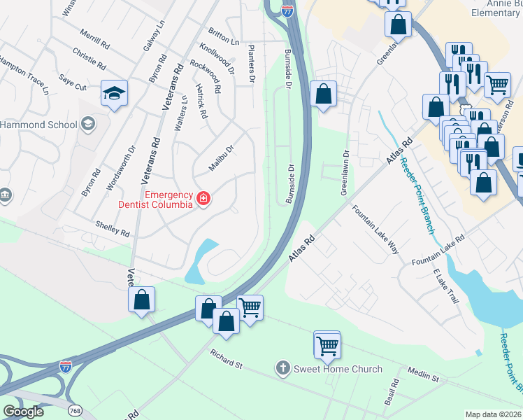 map of restaurants, bars, coffee shops, grocery stores, and more near 1101 Rockwood Road in Columbia