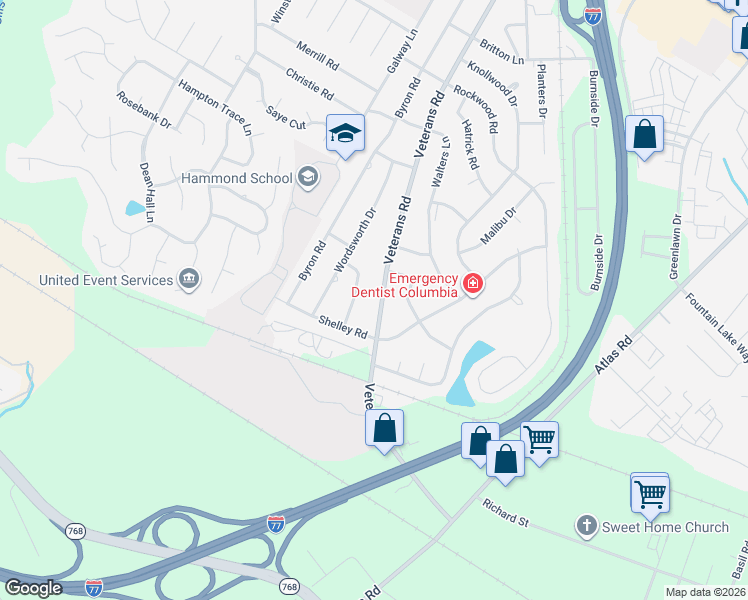 map of restaurants, bars, coffee shops, grocery stores, and more near 1036 Milton Lane in Columbia