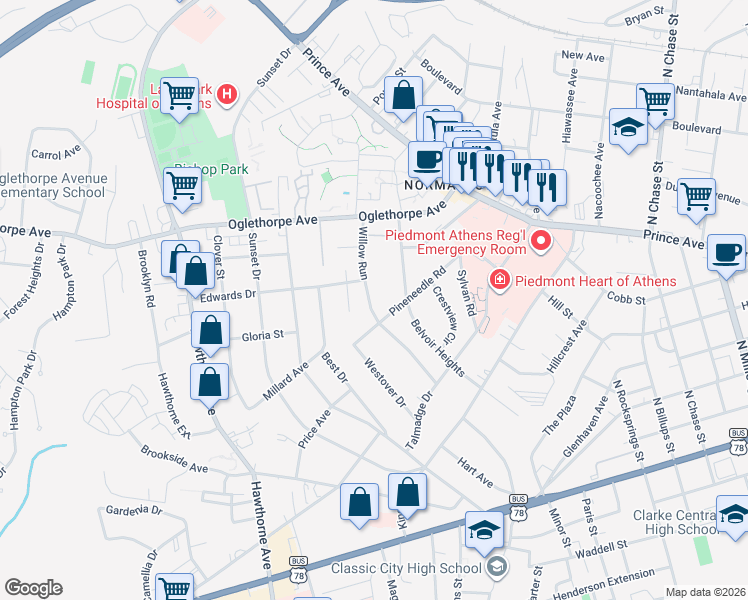 map of restaurants, bars, coffee shops, grocery stores, and more near 410 Pineneedle Road in Athens