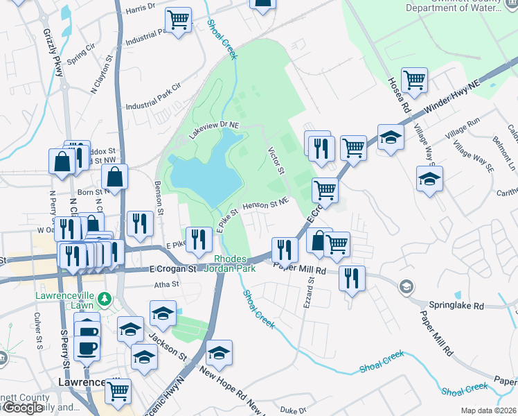map of restaurants, bars, coffee shops, grocery stores, and more near Henson Street Northeast in Lawrenceville