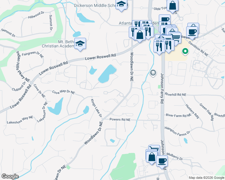 map of restaurants, bars, coffee shops, grocery stores, and more near 4513 Woodhaven Northeast in Marietta