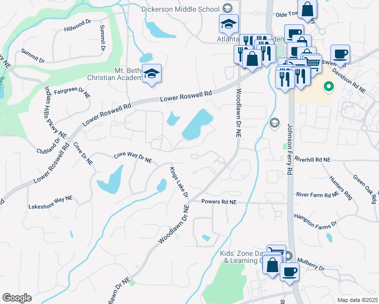 map of restaurants, bars, coffee shops, grocery stores, and more near 4503 Woodhaven Northeast in Marietta