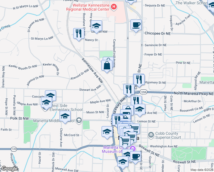 map of restaurants, bars, coffee shops, grocery stores, and more near 334 Kennesaw Avenue Northwest in Marietta